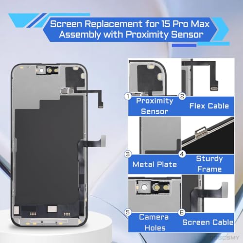 DGSCSMY for iPhone 15 Pro Max Screen Replacement 6.7" LCD Display Digitizer with Front Speaker Waterproof Adhesive Sticker 3D Touch Full Assembly Repair Fix Tools Kit A3106 A2849 A3105 A3108 - Image 3