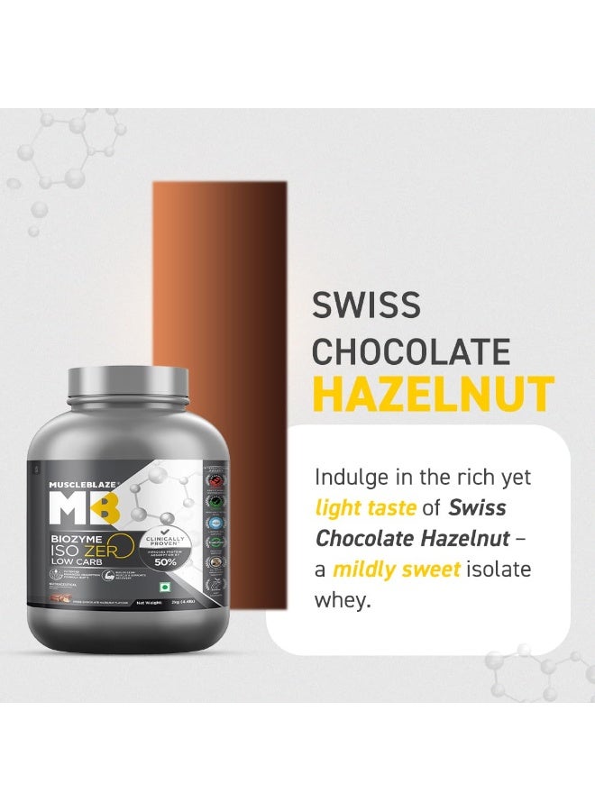 مسل بلايز MuscleBlaze Biozyme Iso-Zero، مسحوق بروتين مصل اللبن المعزول (Whey Isolate) منخفض الكربوهيدرات، بنكهة الشوكولاتة السويسرية والبندق (2 كجم / 4.4 رطل) | 26.4 جم من بروتين مصل اللبن المعزول في كل مكيال | تركيبة معززة للامتصاص (EAF) حاصلة على براءة اختراع من الولايات المتحدة الأمريكية - Image 2