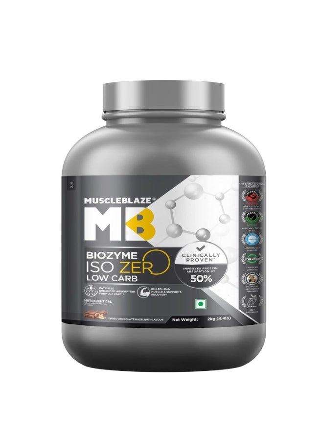 مسل بلايز MuscleBlaze Biozyme Iso-Zero، مسحوق بروتين مصل اللبن المعزول (Whey Isolate) منخفض الكربوهيدرات، بنكهة الشوكولاتة السويسرية والبندق (2 كجم / 4.4 رطل) | 26.4 جم من بروتين مصل اللبن المعزول في كل مكيال | تركيبة معززة للامتصاص (EAF) حاصلة على براءة اختراع من الولايات المتحدة الأمريكية - Image 1