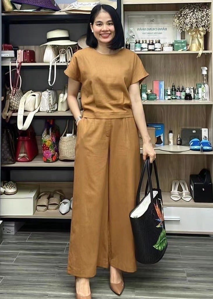 2022 Southeast Asia Europe and the United States cross-border new solid color short sleeve suit temperament commuter two-piece womens foreign trade wholesale Coffee