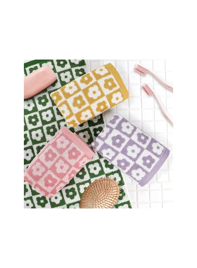 The Bros 4 Pcs Hand Towels Checkered Floral, 100% Cotton Bathroom Towels Checkered Towel, Soft Absorbent Hand Towels for Bathroom, 35 x 75cm Cute Patterned Face Towels for Bath Spa Gym Kitchen - Image 4