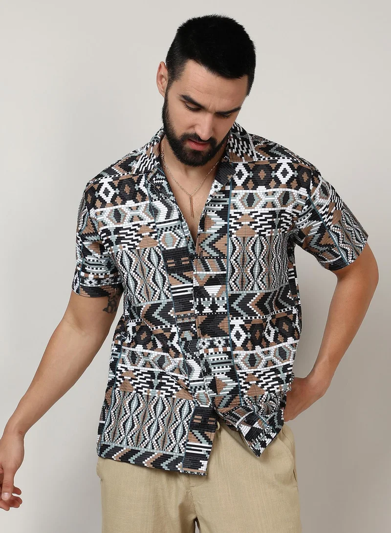 Campus Sutra Men's Mocha Brown & Sage Green Bohemian Shirt
