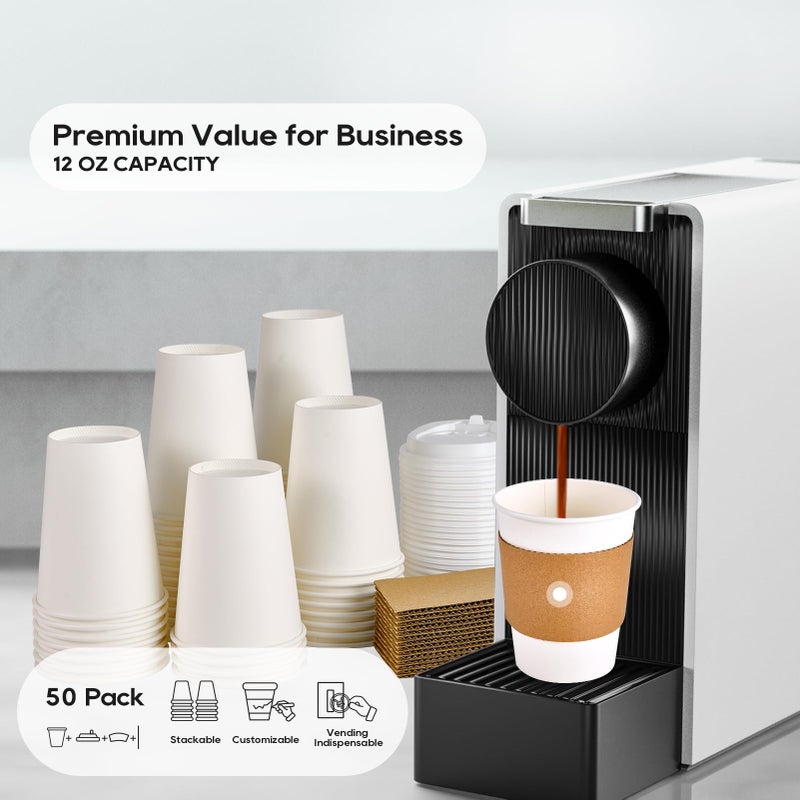 JOLLY PARTY [50 Pack] 12 oz Paper Coffee Cups  Disposable Paper Coffee Cup with Lids  Sleeves  and Stirrers  Hot/Cold Beverage Drinking Cup for Water  Juice or Tea  Suitable for Home  Shops and Cafes - Image 4