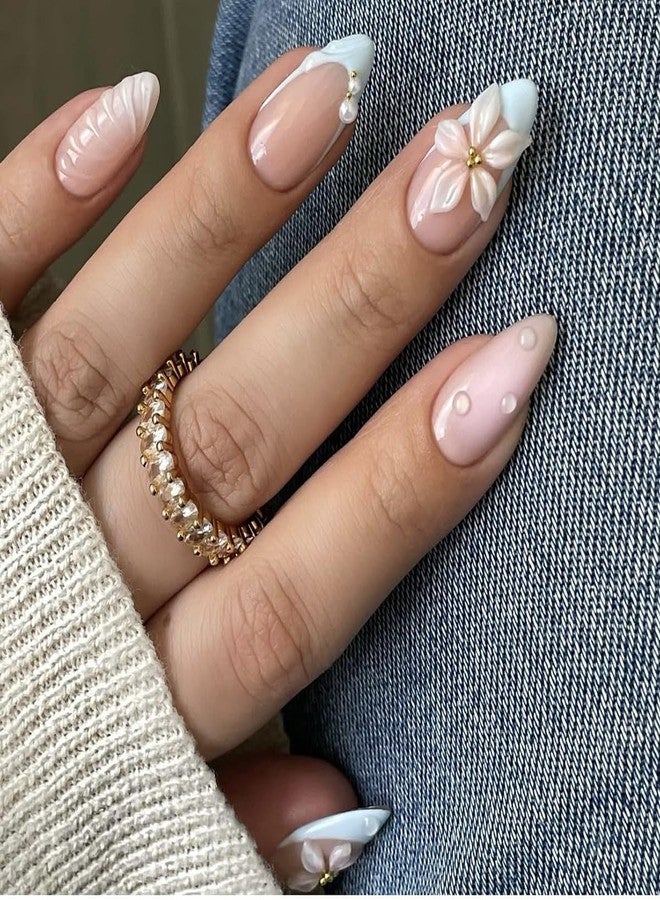 Press On Nails Medium Almond Fake Nails With 3D Flower Design Blue French Tip False Nails Summer Floral Acrylic Nails Press Ons Glossy Glue On Nails Full Cover Stick On Nails For Women Manicure 24Pcs