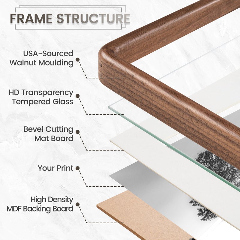 FLYJOE 16x20 Picture Frame, Natural Solid Walnut Wood Photo Frame with HD Tempered Glass, Rounded Corner Wooden Frame 16 x 20 Matted to 11x14, Horizontal or Vertical Wall Mounting - Image 4