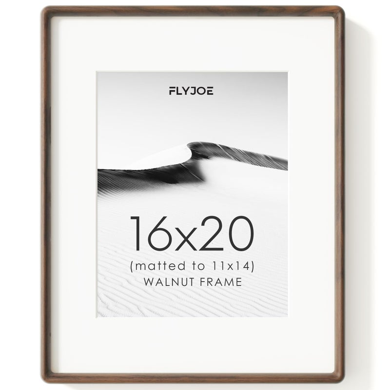 FLYJOE 16x20 Picture Frame, Natural Solid Walnut Wood Photo Frame with HD Tempered Glass, Rounded Corner Wooden Frame 16 x 20 Matted to 11x14, Horizontal or Vertical Wall Mounting - Image 1