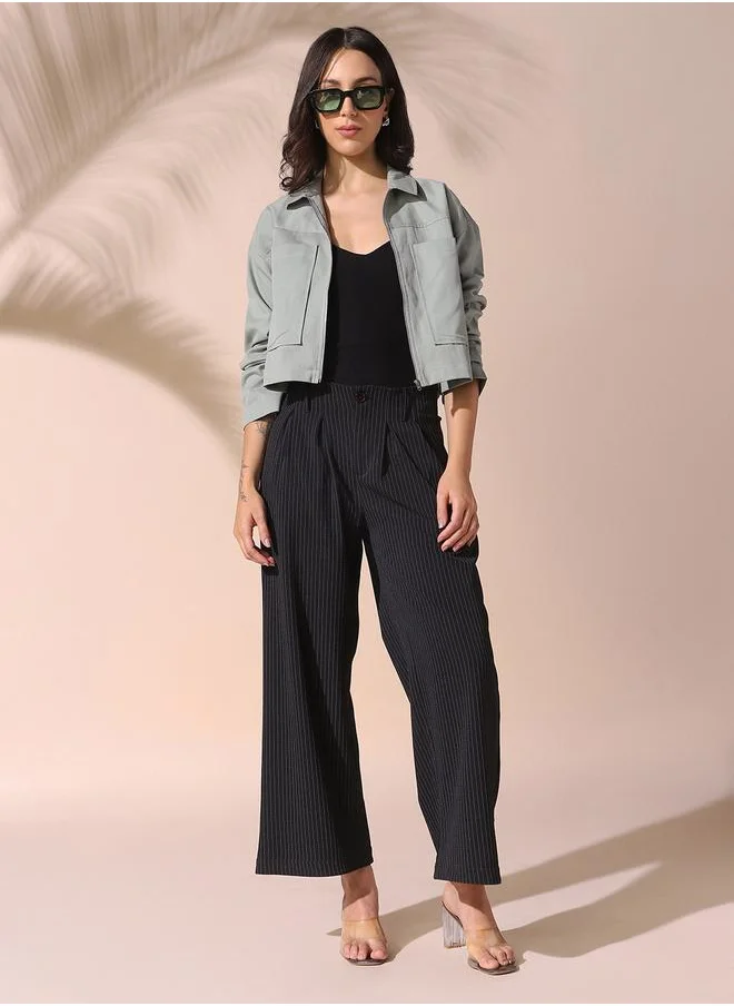 Dennis Lingo Women sage green relaxed fit solid full sleeves button down cotton blend shirts with zipper closure featuring a spread collar- a fresh take on timeless style.