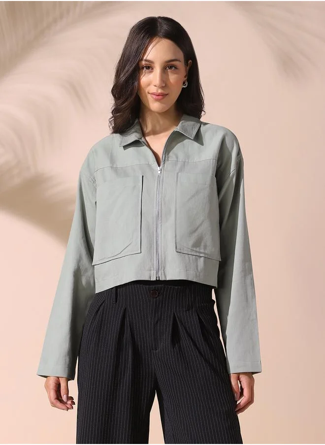 Dennis Lingo Women sage green relaxed fit solid full sleeves button down cotton blend shirts with zipper closure featuring a spread collar- a fresh take on timeless style.