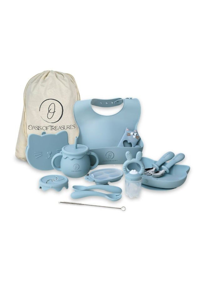 Oasis of Treasures – (17 Pieces) Complete Baby Feeding Set, Grows with Your Child, Premium Silicone Baby Led Weaning Set (Cat, Dusty Blue)