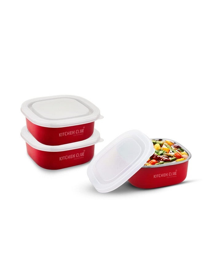 KITCHEN CLUE Stainless Steel Lunch Box Containers Set With Airtight & Leak Proof Lids - Pack Of 3 Pcs, 350 Ml Each, Red - Microwave Safe Containers Set - Boxes - Ideal For Kids & Adults, 11 Cm - Image 1