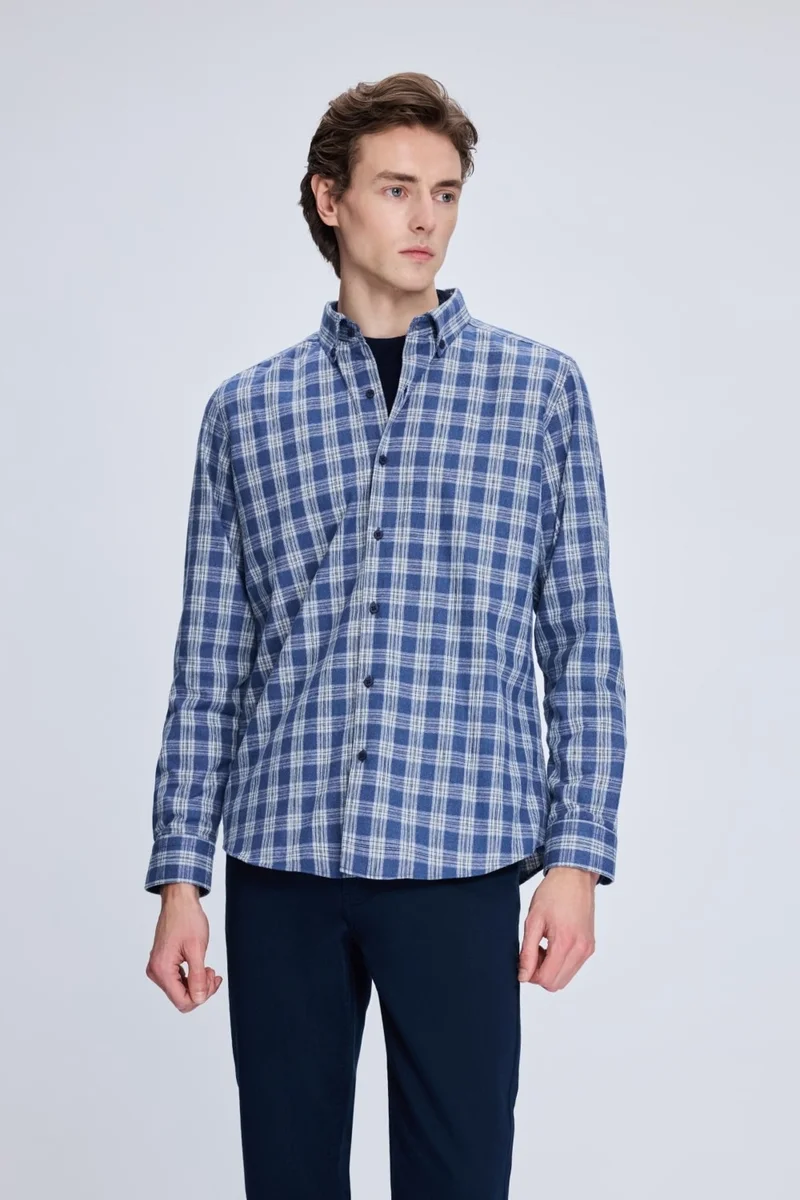 هاتيموغلو Blue Slim Fit Checkered Button-Down Collar Long Sleeve Cotton Shirt
