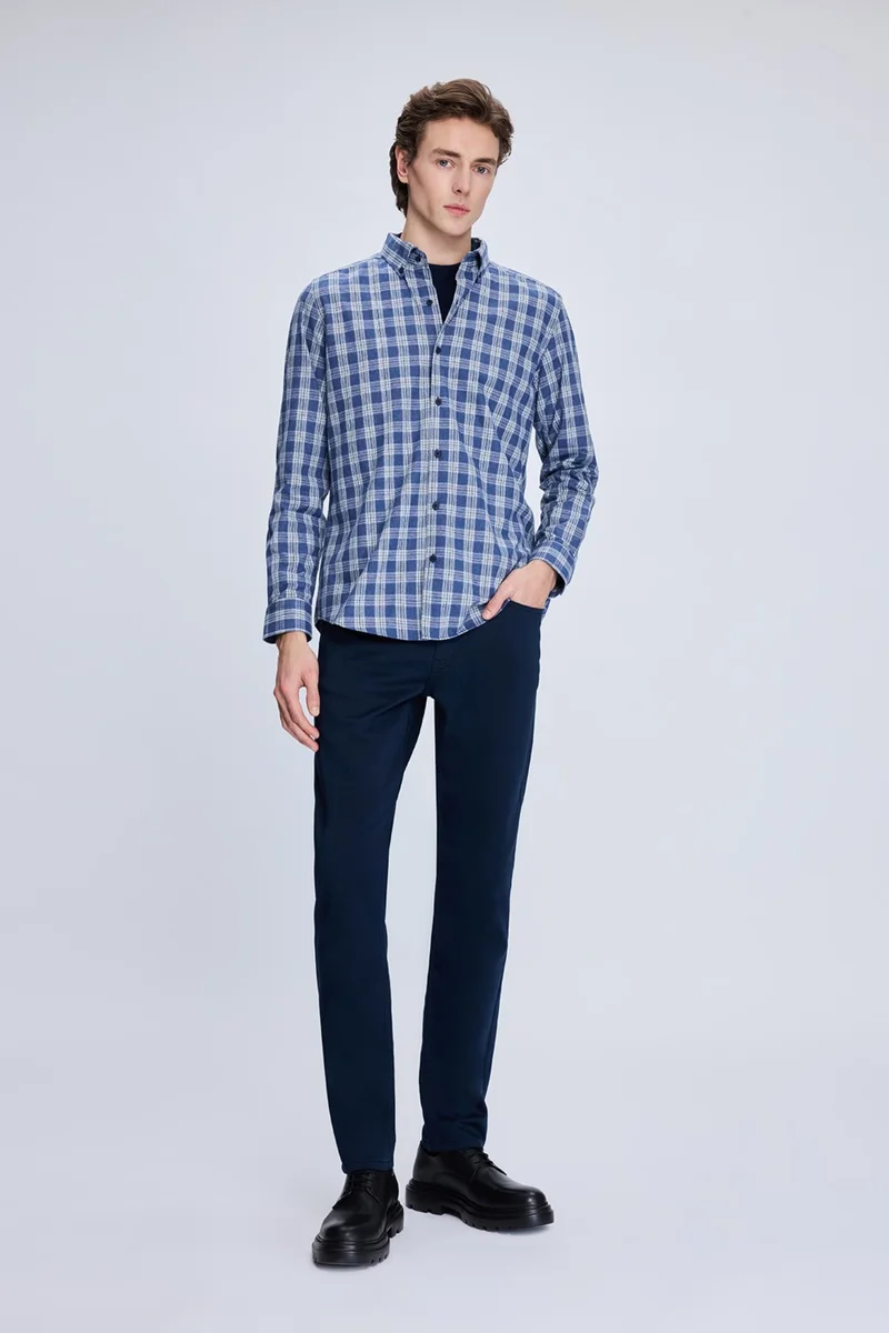 هاتيموغلو Blue Slim Fit Checkered Button-Down Collar Long Sleeve Cotton Shirt