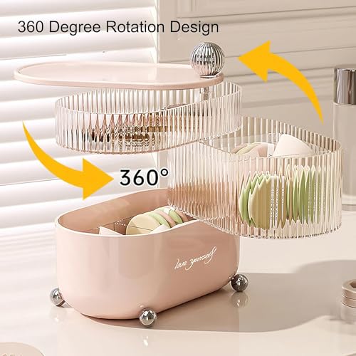 HoopVool Cosmetic Jewellery Organizer 360 Degree Rotating 3 Layers Multi-Compartments Cotton Pad Cosmetic Lipstick Makeup Brush Jewellery Organizer for Vanity (Pink Ball) - Image 3