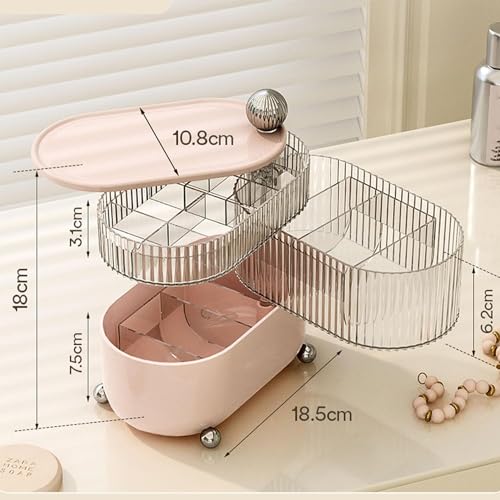 HoopVool Cosmetic Jewellery Organizer 360 Degree Rotating 3 Layers Multi-Compartments Cotton Pad Cosmetic Lipstick Makeup Brush Jewellery Organizer for Vanity (Pink Ball) - Image 2