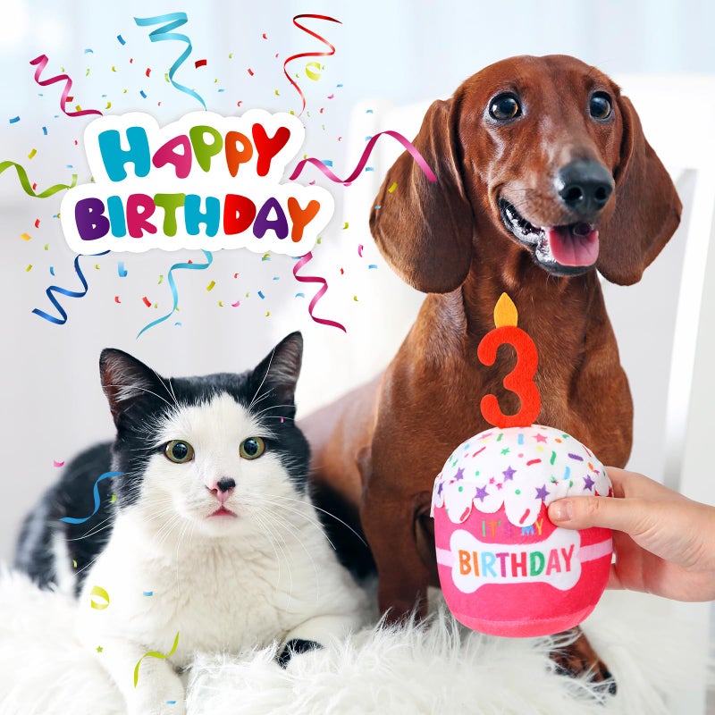 Dansydaisy Dog Birthday Cake Toy Accessories for Girl Boy Gifts, Squeaky Plush Toy for Dog Birthday Party Decor Favor for Large, Medium and Small Dogs(3rd,Pink) - Image 4
