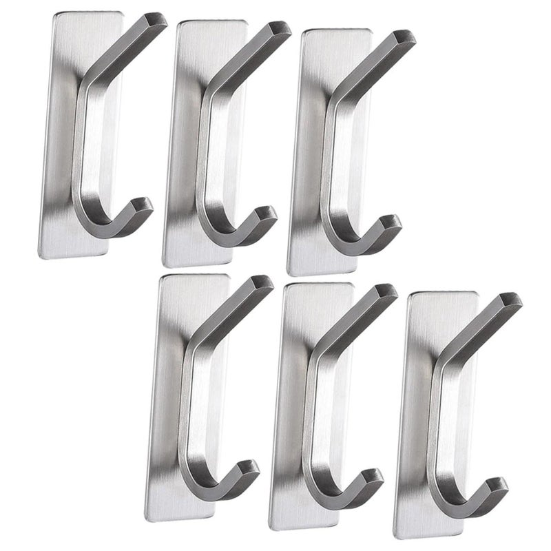 Stainless Steel Self Adhesive Wall Hooks 6 Pack for Coats Hats Strong No Drill Door Bathroom Kitchen Closet Storage - Image 2