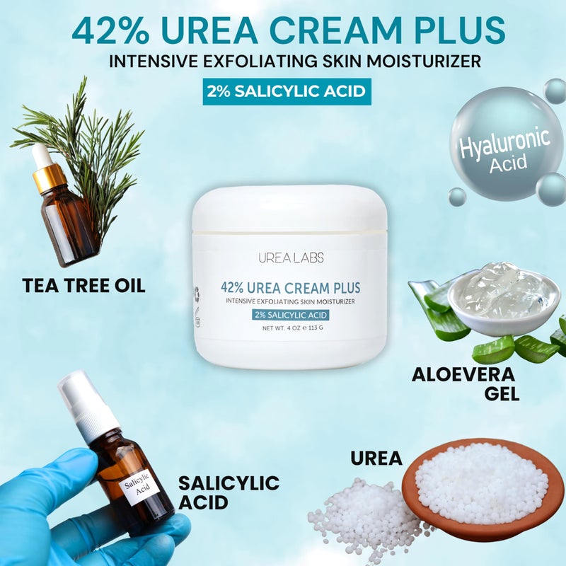 urea labs كريم يوريا 42% + حمض الساليسيليك 2% – أقصى قوة لإصلاح القدم والجلد | تقشير عميق وترطيب للكعوب المتشققة، القدمين الجافتين، الجلد الخشن وإزالة الكالو (4 أونصات) - Image 2