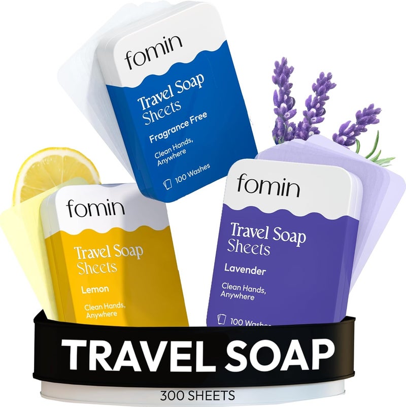 FOMIN - Antibacterial Paper Soap Sheets Tin for Traveling - (300 Sheets) Fragrance Free, Lemon, Lavender Portable Travel Hand Soap Sheets, Dissolvable Mini Camping Hand Soap for Hand Washing - Image 1