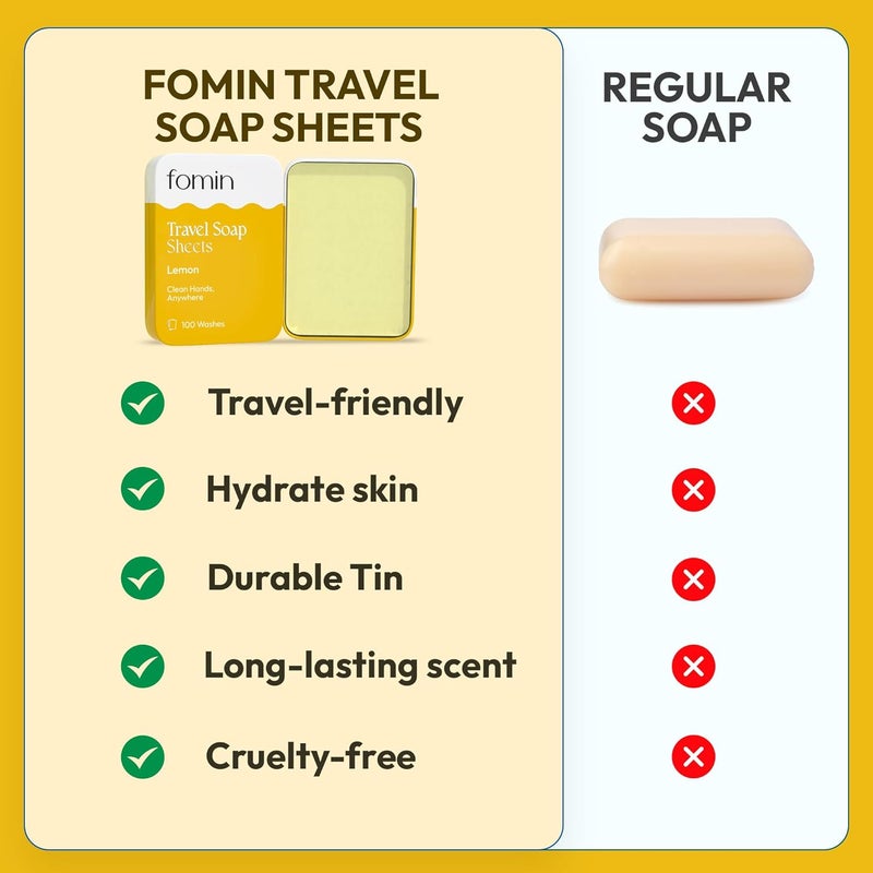 FOMIN - Antibacterial Paper Soap Sheets Tin for Traveling - (300 Sheets) Fragrance Free, Lemon, Lavender Portable Travel Hand Soap Sheets, Dissolvable Mini Camping Hand Soap for Hand Washing - Image 4