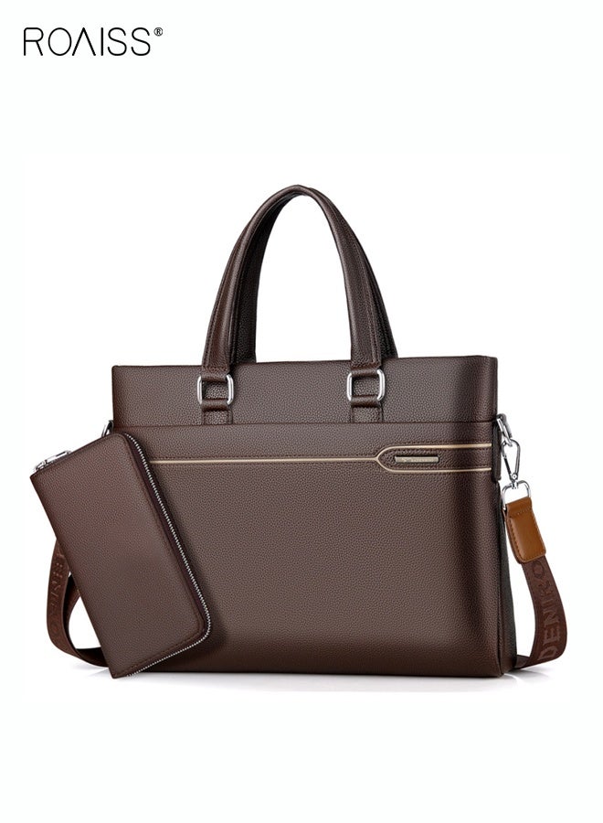 roaiss 2-Piece Business Pu Leather Briefcase Removable And Adjustable Shoulder Strap Business Computer Handbag +Zippered Pu Leather Wallet  - Image 1
