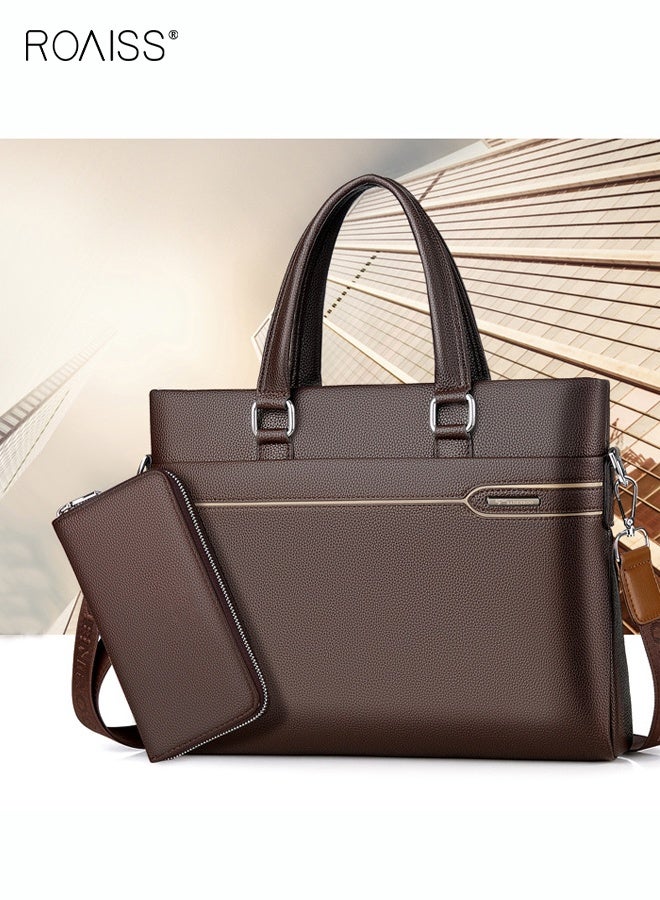 roaiss 2-Piece Business Pu Leather Briefcase Removable And Adjustable Shoulder Strap Business Computer Handbag +Zippered Pu Leather Wallet  - Image 2