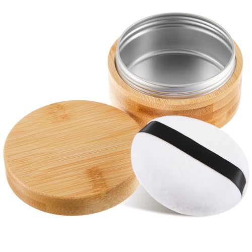 Frienda 100 ml Bamboo Loose Powder Puff and Container Empty Dusting Powder Jar for Body Face Makeup Travel Case Compact Case Holder with Sifter Lids and Puff - Image 1