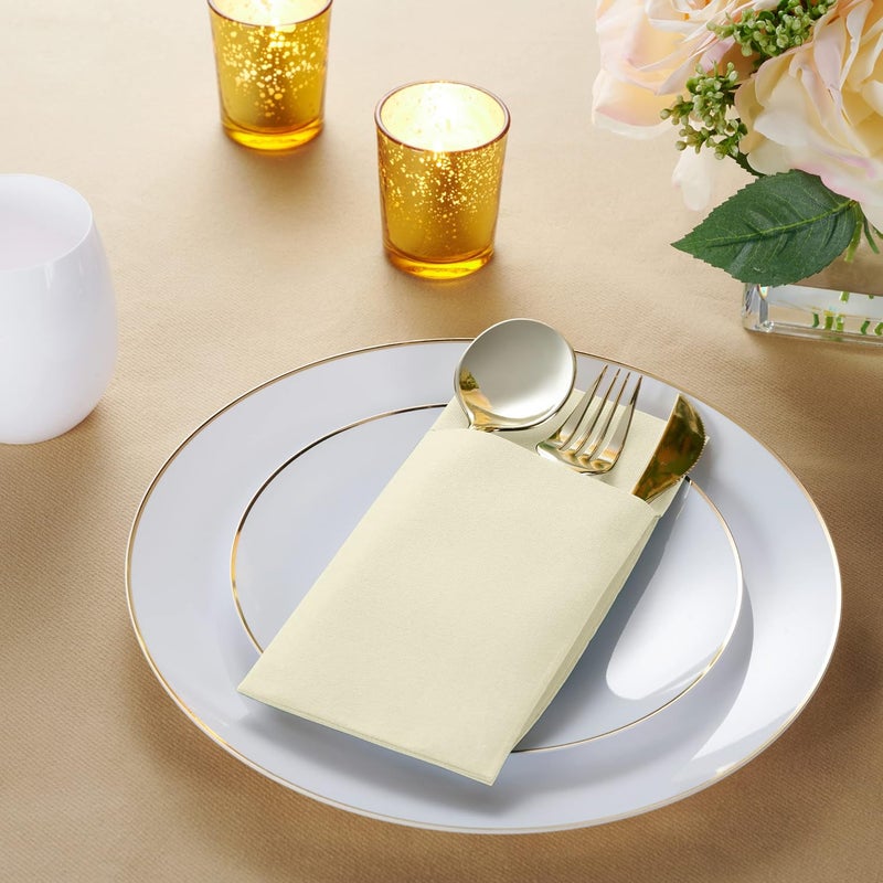 BloominGoods Disposable Linen-Feel Dinner Napkins with Built-in Flatware Pocket, 50-Pack CREAM Prefolded Cloth Like Paper Napkins For Dinner, Wedding Or Party [Silverware NOT Included] - Image 2