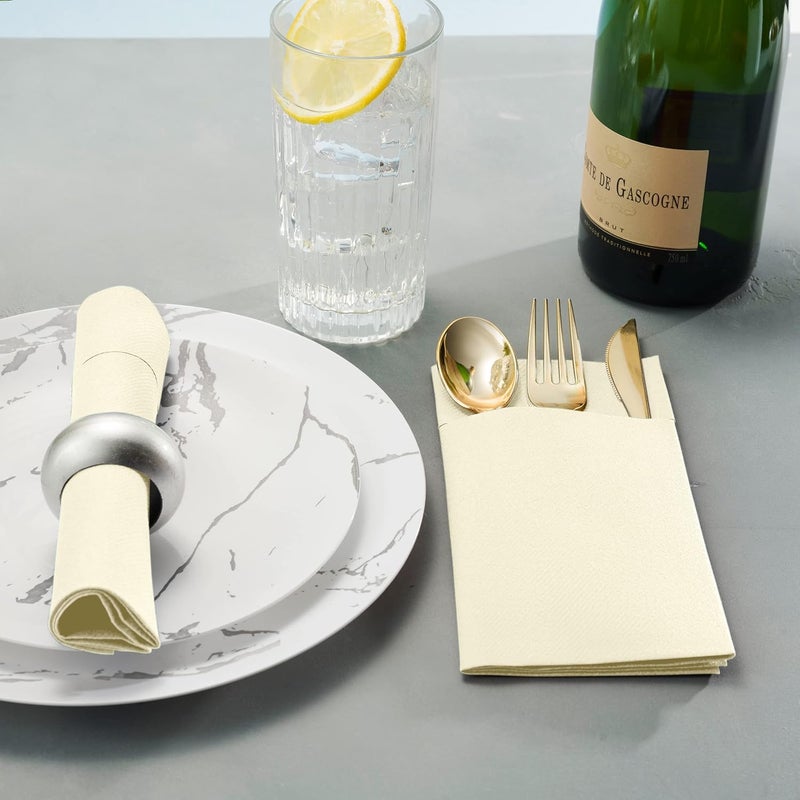 BloominGoods Disposable Linen-Feel Dinner Napkins with Built-in Flatware Pocket, 50-Pack CREAM Prefolded Cloth Like Paper Napkins For Dinner, Wedding Or Party [Silverware NOT Included] - Image 4