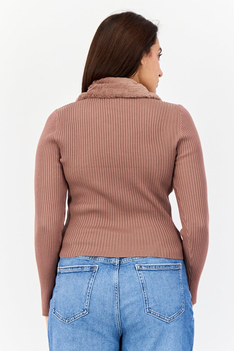 No Comment Women Spread Collar Ribbed Zipper Cardigan, Brown  - Image 2