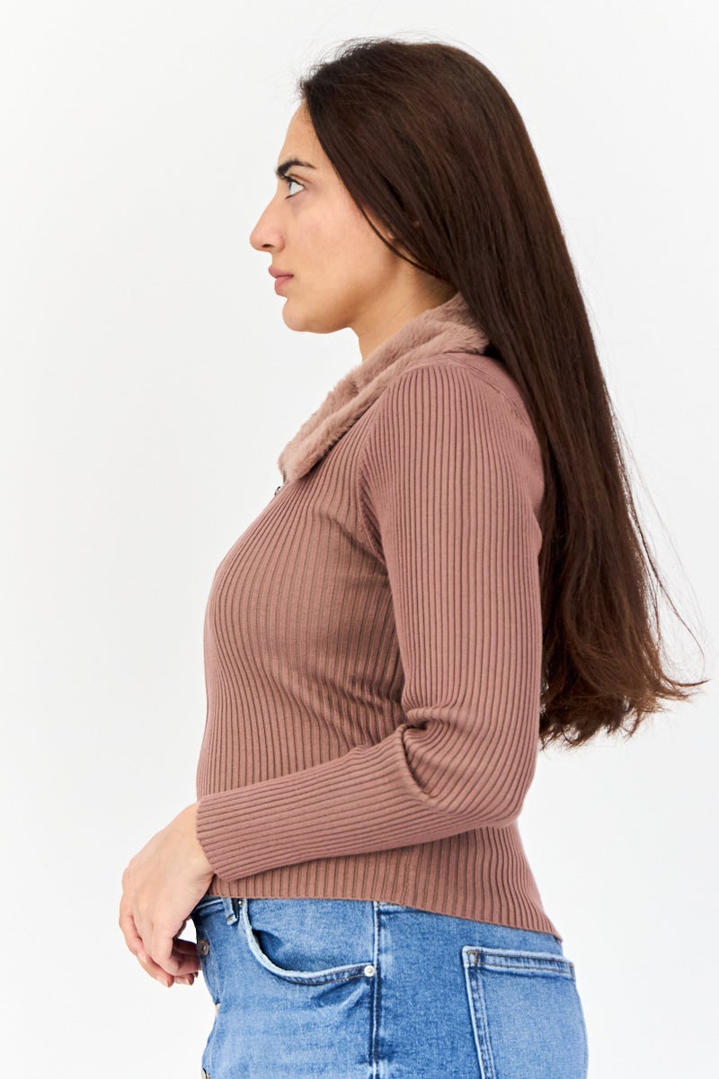 No Comment Women Spread Collar Ribbed Zipper Cardigan, Brown  - Image 3