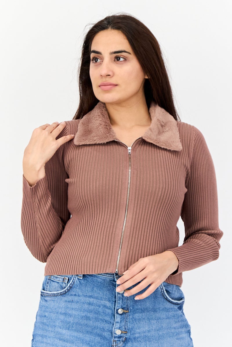 No Comment Women Spread Collar Ribbed Zipper Cardigan, Brown  - Image 1