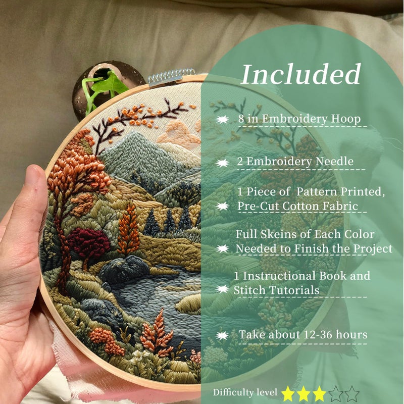 FONNUY Embroidery Kit for Beginners, Boho Nature Landscape Pre-Stamped Pattern Kits for Adults with Hoop, Easy to Follow Color Thread Needlework, 8'' Hoop (Flowers Hills) - Image 2