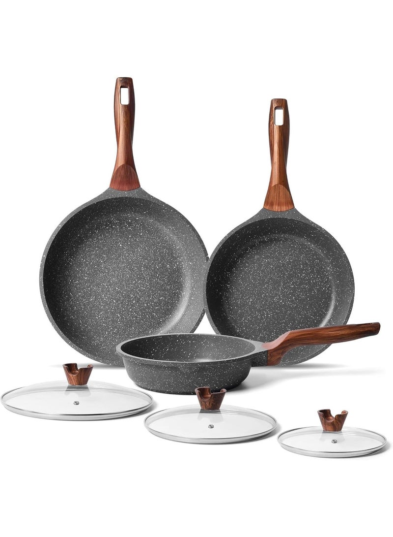 Nonstick Granite Frying Pan Skillet, Non Stick Omelette Fry Pans, Omelet Egg Pan, Stone Cookware Chef's Pan, Induction Compatible, PFOA Free (Black, 3 Pcs) - Image 1