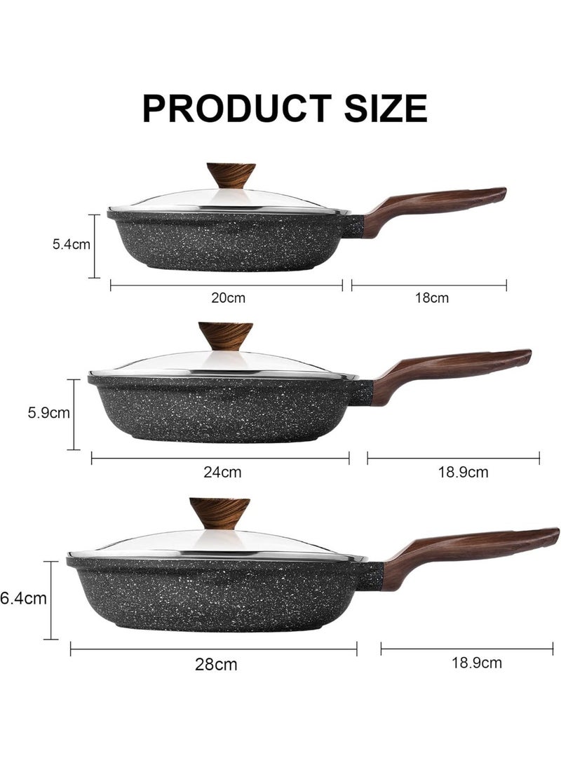 Nonstick Granite Frying Pan Skillet, Non Stick Omelette Fry Pans, Omelet Egg Pan, Stone Cookware Chef's Pan, Induction Compatible, PFOA Free (Black, 3 Pcs) - Image 2