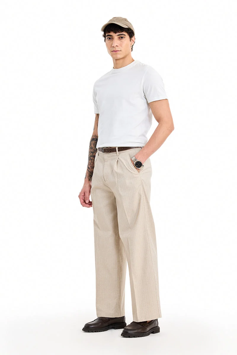 SNITCH Beige Textured Loose Fit Casual Trousers