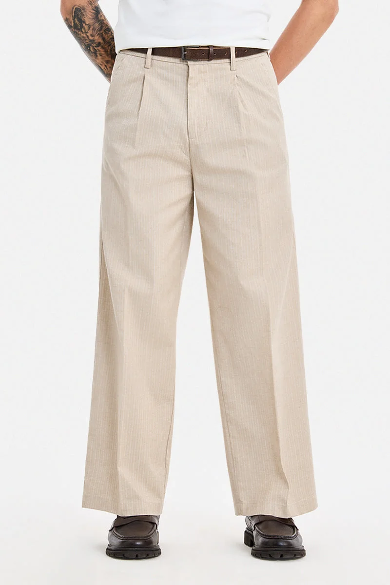 SNITCH Beige Textured Loose Fit Casual Trousers