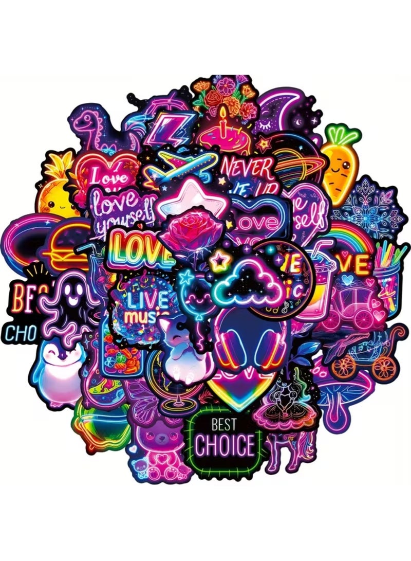 ZedPlay Pack of 50 Neon Cartoon Aesthetic Self-Adhesive Polypropylene Stickers – Reusable Decals for Laptops, Water Bottles, Skateboards, Office & More - Image 1