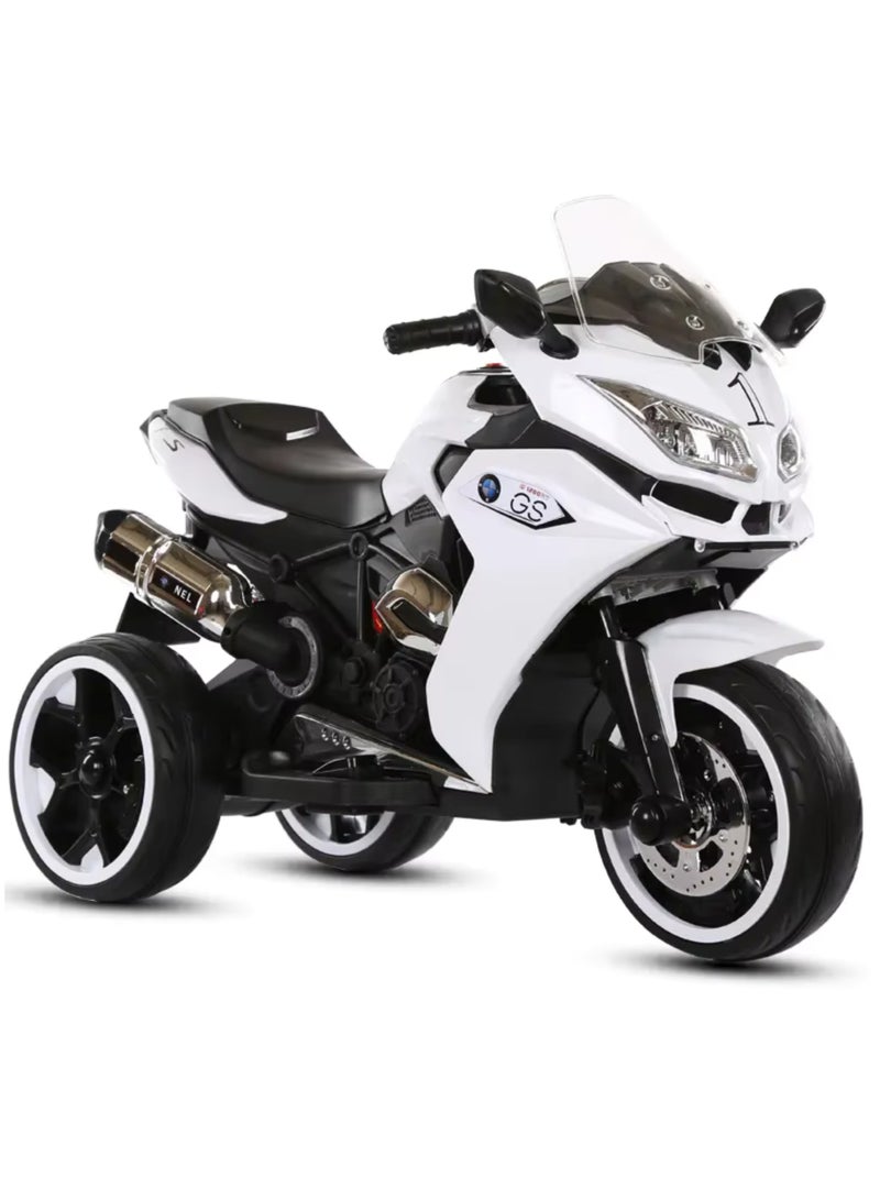 دراجة نارية كهربائية للأطفال | تصميم بثلاث عجلات، أضواء LED، موسيقى، وبطارية عالية السعة | هدية آمنة للعب الخارجي | أبيض - Image 1