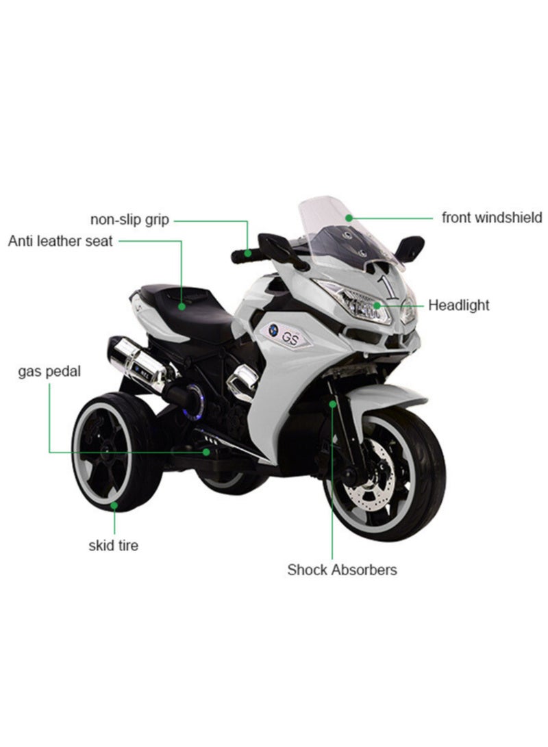 دراجة نارية كهربائية للأطفال | تصميم بثلاث عجلات، أضواء LED، موسيقى، وبطارية عالية السعة | هدية آمنة للعب الخارجي | أبيض - Image 2