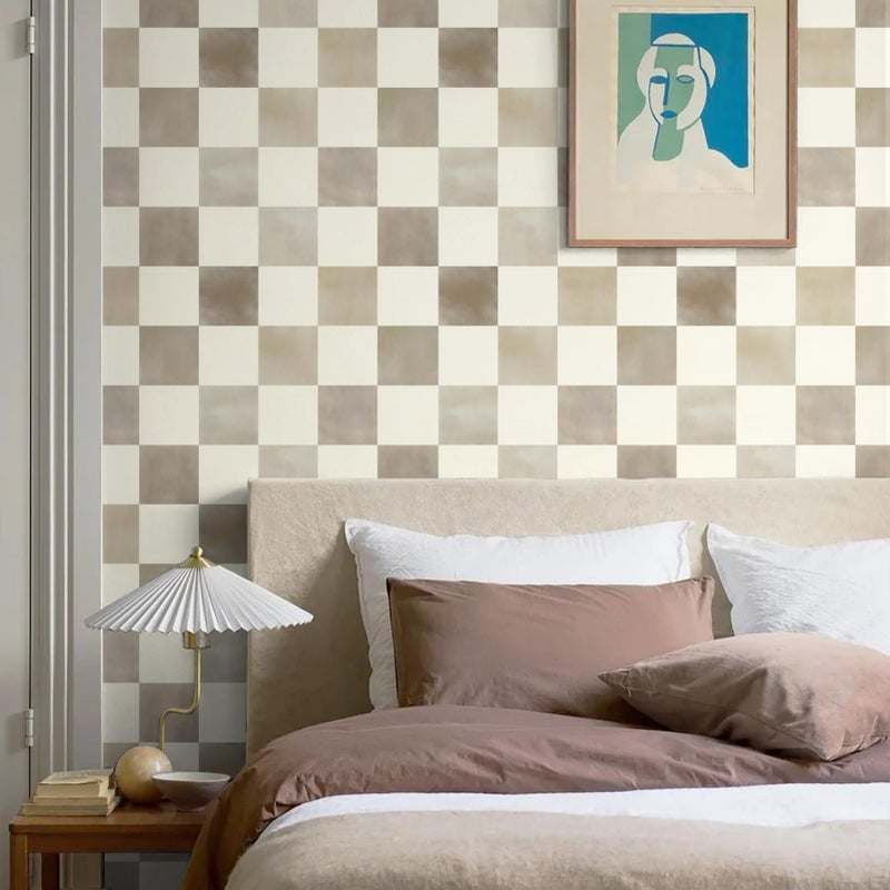 Ismoon Plaid Peel and Stick Wallpaper Vintage Plaid Contact Paper 17.3"x78.7" Brown Neutral Mosaic Checkered Wallpaper Stick on Removable Wall Paper for Cabeints Bedroom Kitchen Renter Friendly Vinyl - Image 2