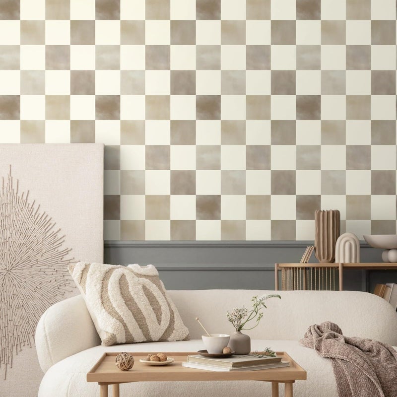 Ismoon Plaid Peel and Stick Wallpaper Vintage Plaid Contact Paper 17.3"x78.7" Brown Neutral Mosaic Checkered Wallpaper Stick on Removable Wall Paper for Cabeints Bedroom Kitchen Renter Friendly Vinyl - Image 3