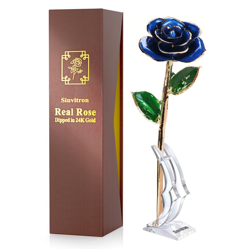 Sinvitron Gold Dipped Rose 24K Real Rose Long Stem Gold Plated Rose with Stand for mom 24K Golden Rose for Anniversary Valentines Day Birthday Deep Blue