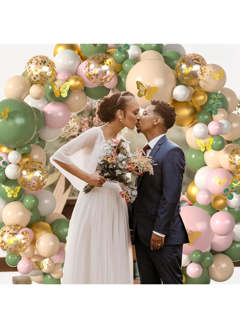 Luckam Sage Green Pink Balloon Arch Kit, 167pcs Blush Olive Green White Gold Confetti Balloons Garland with Artificial Eucalyptus and 3D Butterfly, Wedding Baby Shower Birthday Party Decoration - Image 4