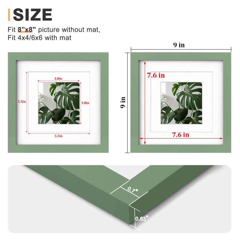 Egofine 8x8 Picture Frame Made of Solid Wood with Plexiglass, Display Pictures 4x4/6x6 with Mat or 8x8 Without Mat for Tabletop and Wall Mounting, Green - Image 3