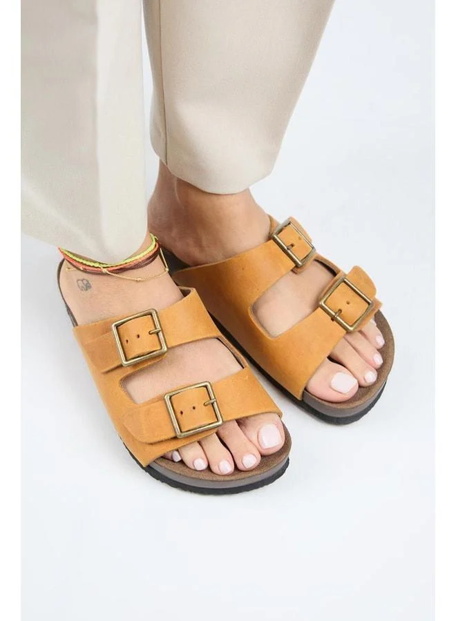 (Anjelic Distressed) Women's Genuine Leather Double Buckle Taba Slipper