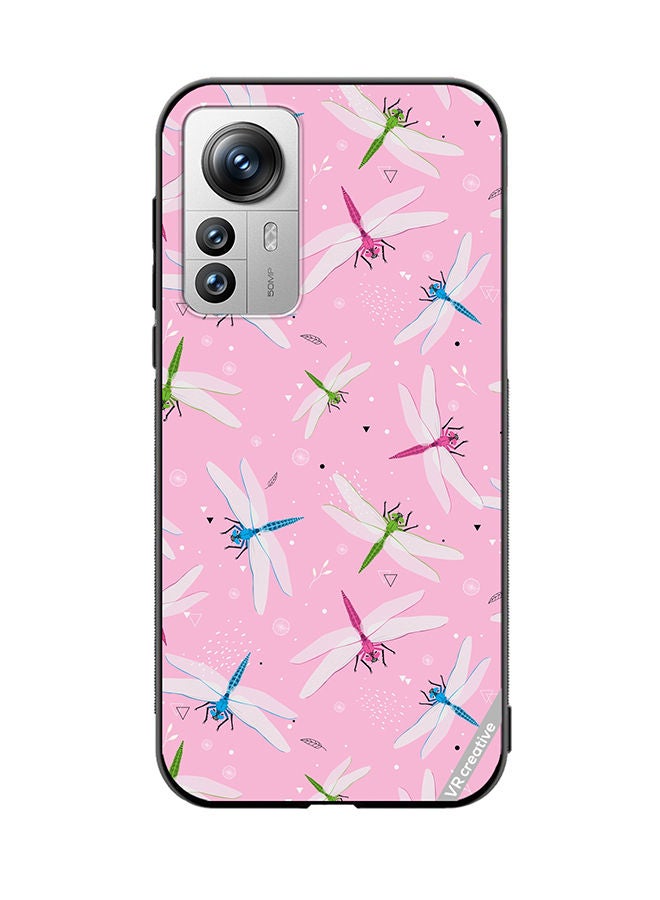 VR CREATIVE Protective Case Cover For Xiaomi 12X Dragonfly And Flowers Pattern On Pink Design Multicolour - Image 1
