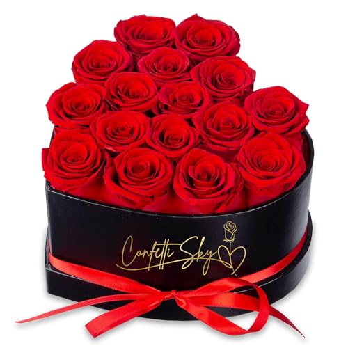 Confetti Sky 16 Forever Roses in Luxury Heart Box - Real Preserved Flowers Last 3 to 5 Years, for Mothers Day, Anniversary, Birthday, Valentine’s Day - Image 1