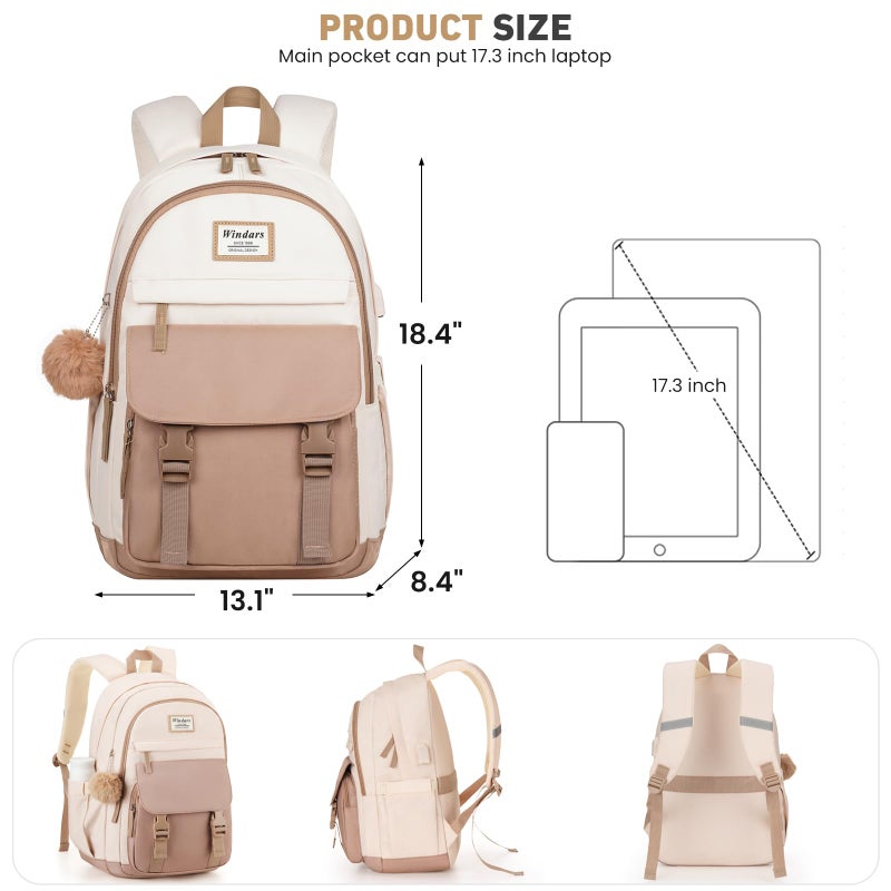 WINDARS School Backpack for Teen Girls, Cute College Backpacks for Women Students Aesthetic Bookbag Large 17.3 Inch Laptop Bag Middle School Travel Back Pack (Black Beige) - Image 3