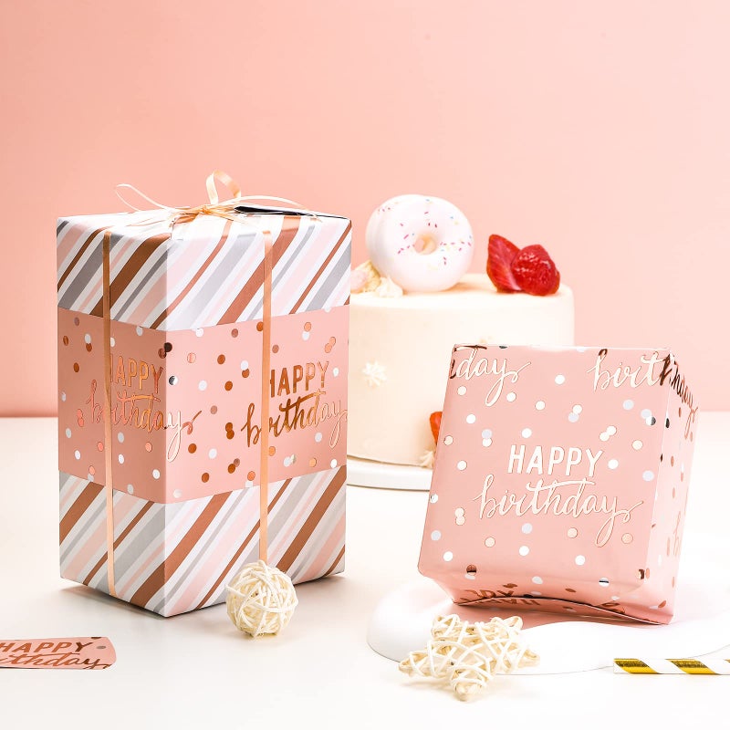 LeZakaa Reversible Pink Birthday Wrapping Paper Roll for Girls Women, Happy Birthday Lettering & Stripe Pattern with Metallic Foil in Pink, Mini Roll, 17 inches x 9.8 Feet - Image 3