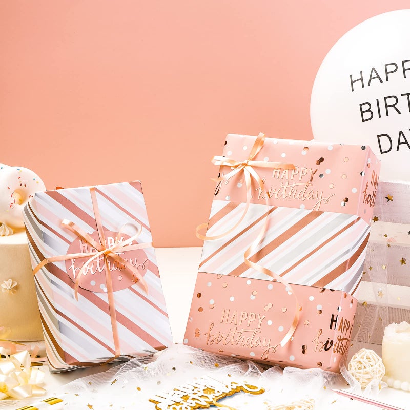 LeZakaa Reversible Pink Birthday Wrapping Paper Roll for Girls Women, Happy Birthday Lettering & Stripe Pattern with Metallic Foil in Pink, Mini Roll, 17 inches x 9.8 Feet - Image 4